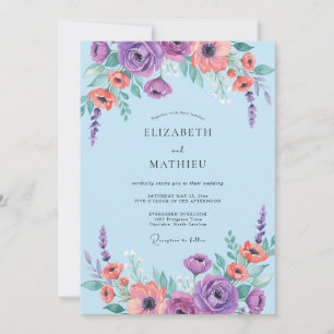 Amethyst Coral Ranunculus Grey Eucalyptus Wedding Invitation