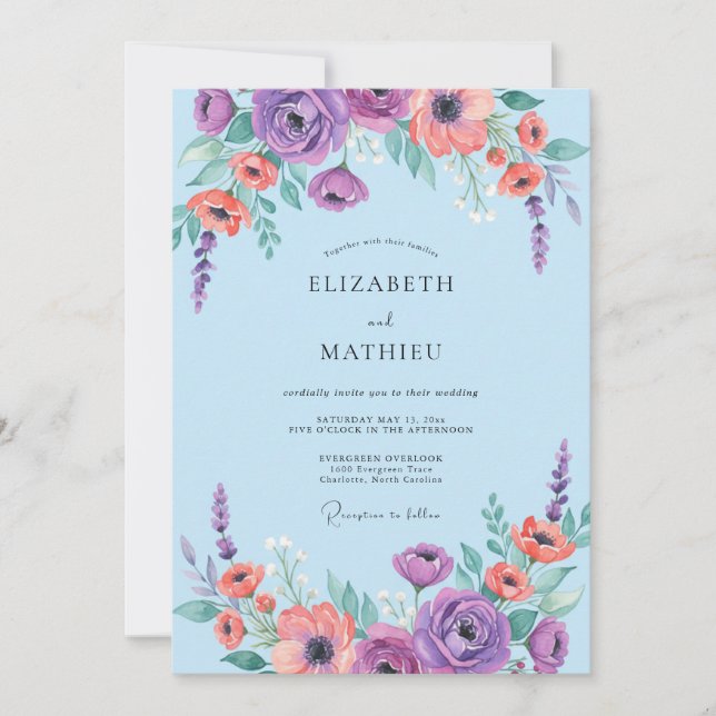 Amethyst Coral Ranunculus Grey Eucalyptus Wedding Invitation (Front)