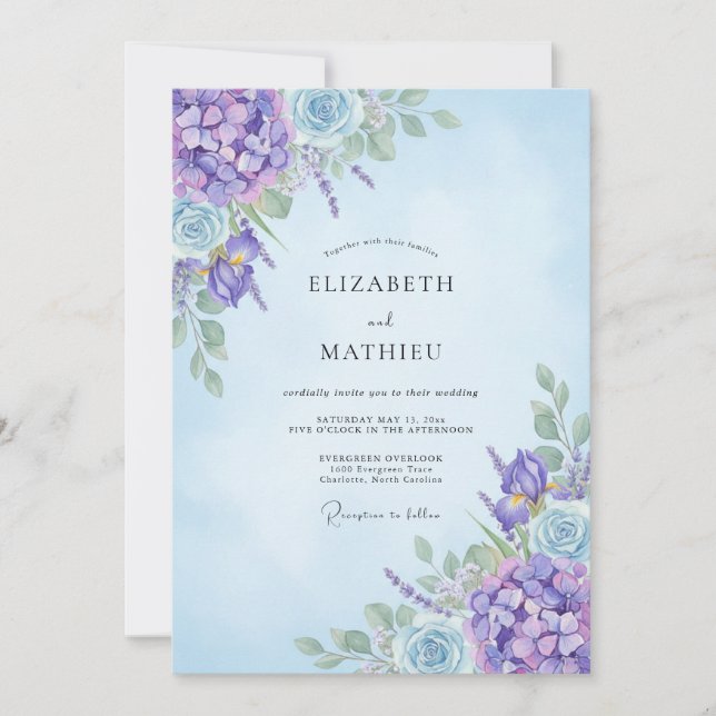 Amethyst Cornflower Hydrangea Eucalyptus Wedding Invitation (Front)
