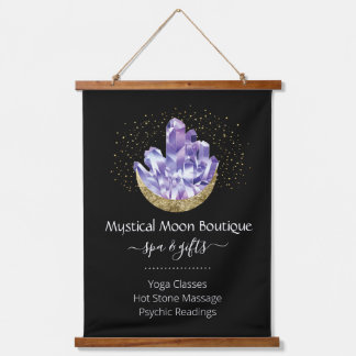 Amethyst Crystal Cluster Gold Crescent Moon Mystic Hanging Tapestry