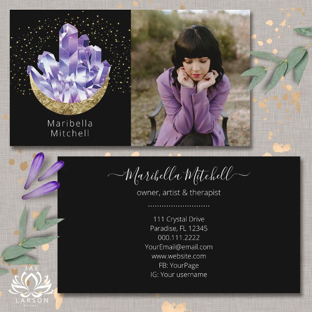 Amethyst Crystals Crescent Moon Mystical Photo  Business Card (Creator Uploaded)
