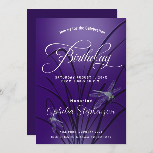 Amethyst  Dragonfly Birthday Invitation (Front/Back)