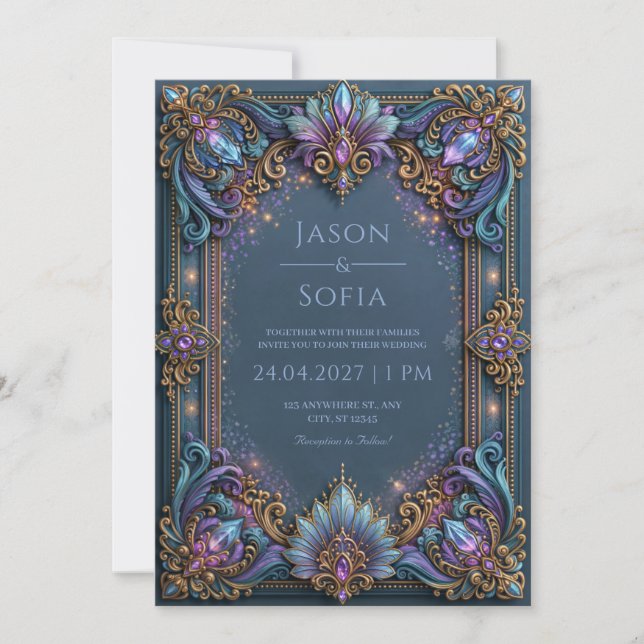 Amethyst Filigree Jewel Wedding Invitation (Front)