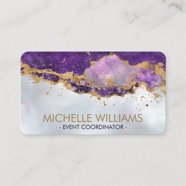Amethyst, Fluorite and Golden splatter Abstract Business Card (Front)