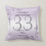Amethyst Gem & Glitter 33rd Wedding Anniversary Cushion<br><div class="desc">Glamourous and elegant posh Amethyst 33rd Wedding Anniversary throw pillow with stylish amethyst gem stone jewels corner decorations and matching coloured glitter border frame printed on an amethyst background. A romantic design for your celebration. All text, font and font colour is fully customisable to meet your requirements. If you would...</div>