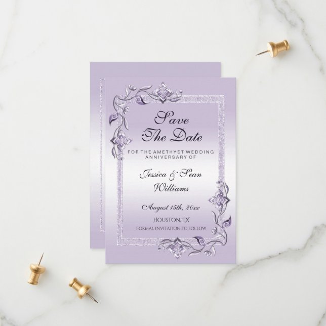 Amethyst Gem & Glitter 33rd Wedding Anniversary Save The Date (Front/Back In Situ)