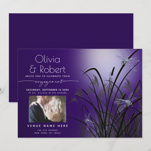 Amethyst Glow Engagement Moonlight Dragonfly Invitation (Front/Back)