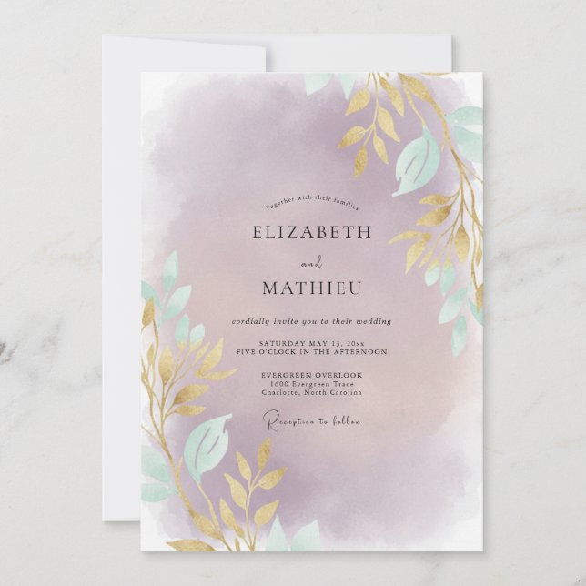 Amethyst Gold Leaf Wedding Invitation (Front)