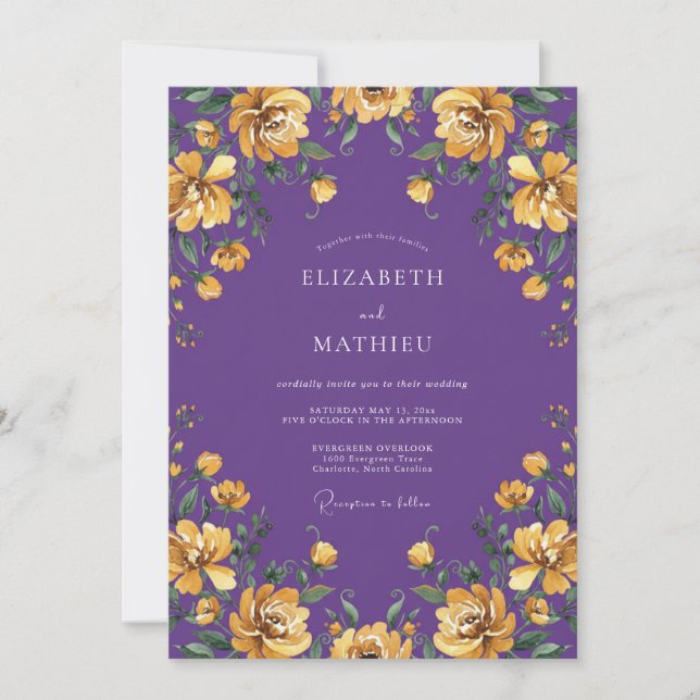Amethyst Gold Ranunculus Eucalyptus Wedding Invitation (Front)