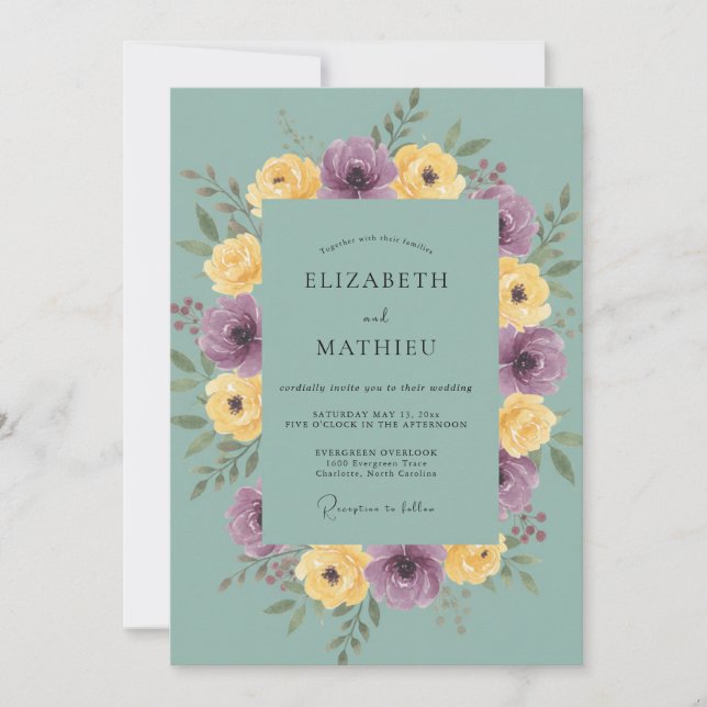 Amethyst Golden Ranunculus Eucalyptus Wedding Invitation (Front)