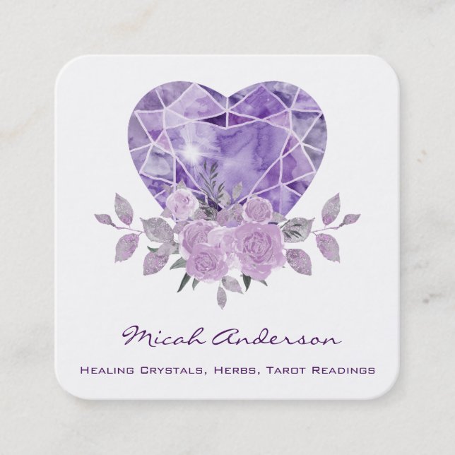 Amethyst Heart Purple Roses Square Business Card (Front)