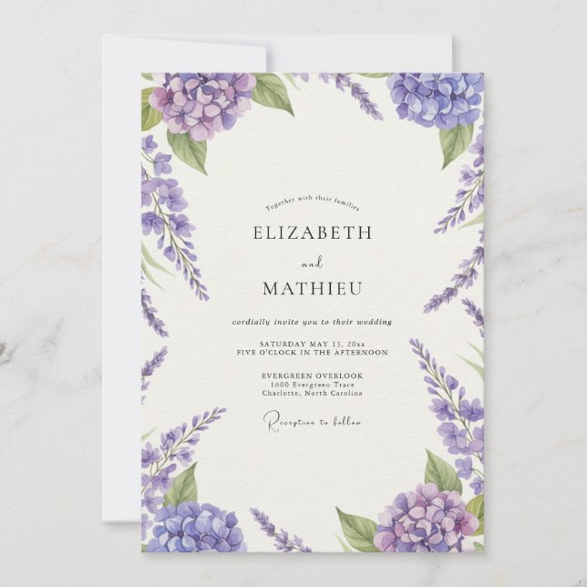 Amethyst Hydrangea Wisteria Wedding Invitation (Front)