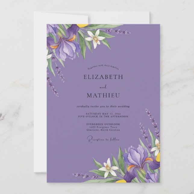 Amethyst Iris Foliage Eucalyptus Wedding Invitation (Front)
