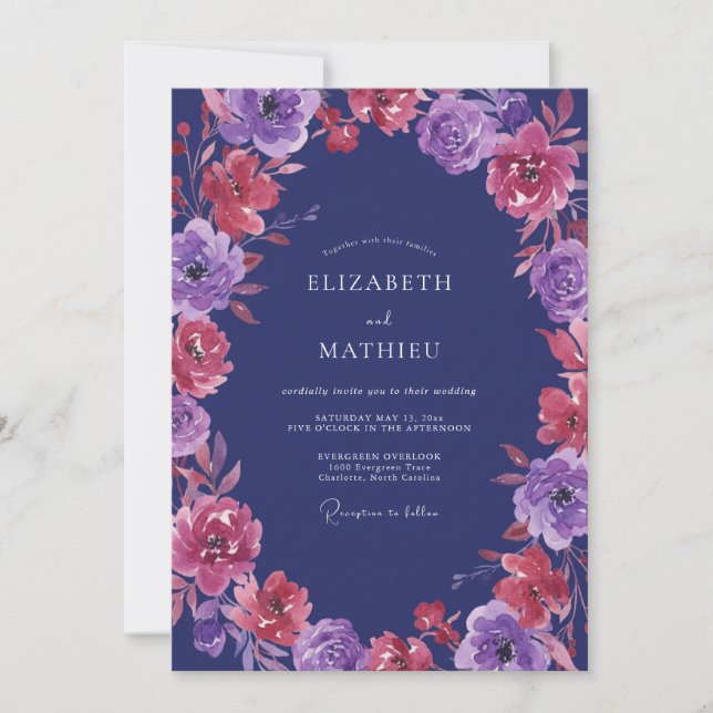 Amethyst Magenta Ranunculus Eucalyptus Wedding Invitation (Front)