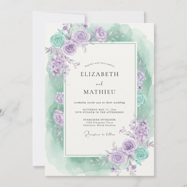 Amethyst Mint Bouquet Grey Eucalyptus Wedding Invitation (Front)