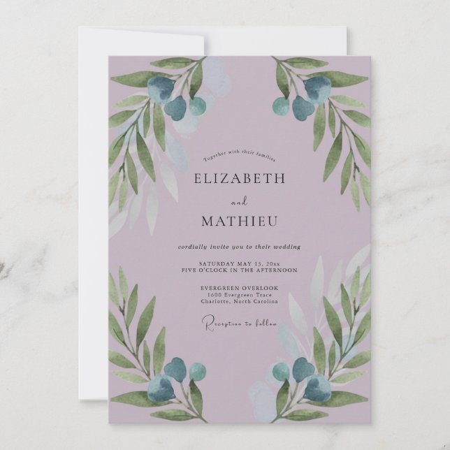 Amethyst Olive Branch Dusty Eucalyptus Wedding Invitation (Front)