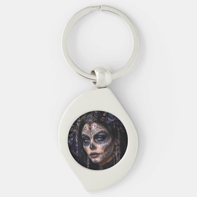 Amethyst Orchid Calavera – Gothic Sugar Skull Key Ring (Front)