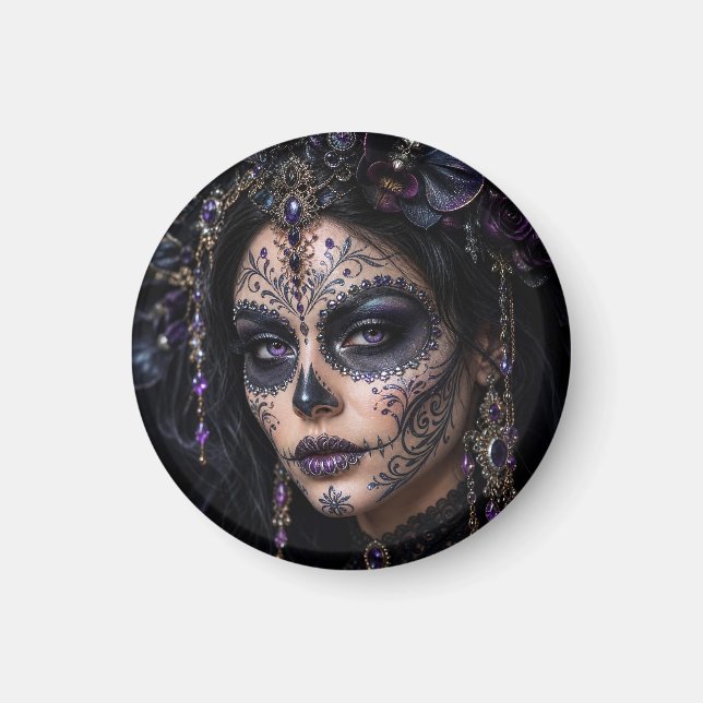 Amethyst Orchid Calavera – Gothic Sugar Skull Magnet (Front)