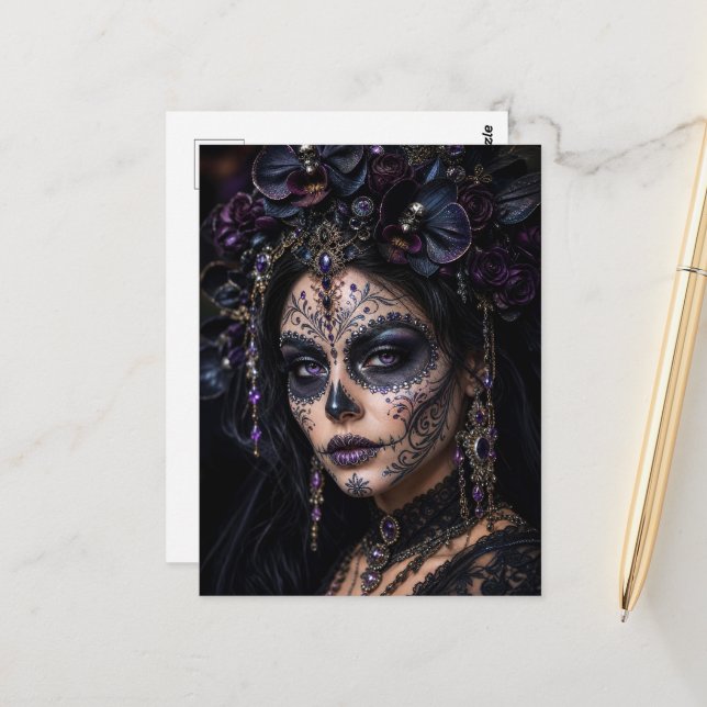 Amethyst Orchid Calavera – Gothic Sugar Skull Postcard (Front/Back In Situ)