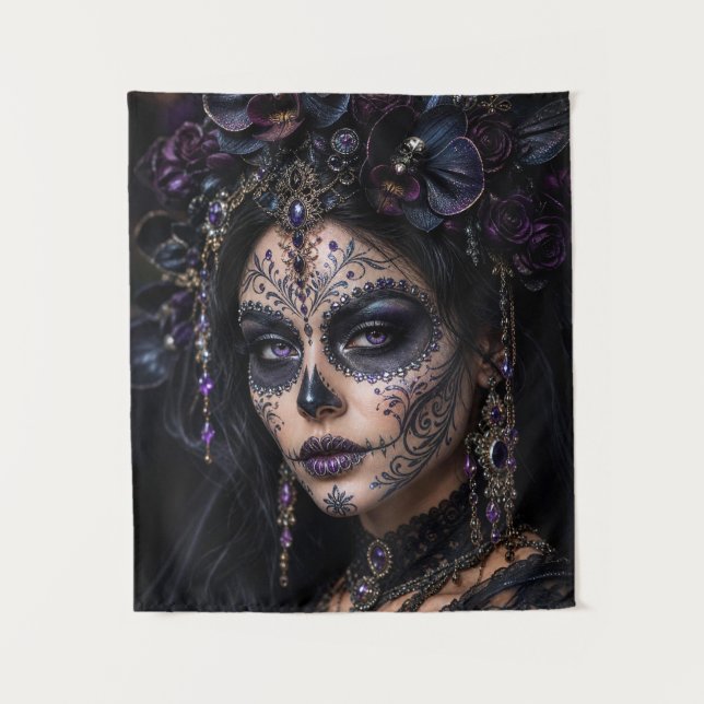 Amethyst Orchid Calavera – Gothic Sugar Skull Tapestry (Front)