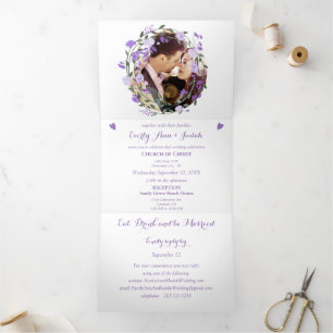 Amethyst Orchid Purple Lilac Peony Floral Wedding Tri-Fold Invitation