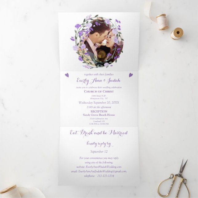 Amethyst Orchid Purple Lilac Peony Floral Wedding Tri-Fold Invitation (Inside)
