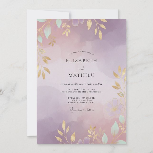 Amethyst Peach Leafy Wedding Invitation (Front)