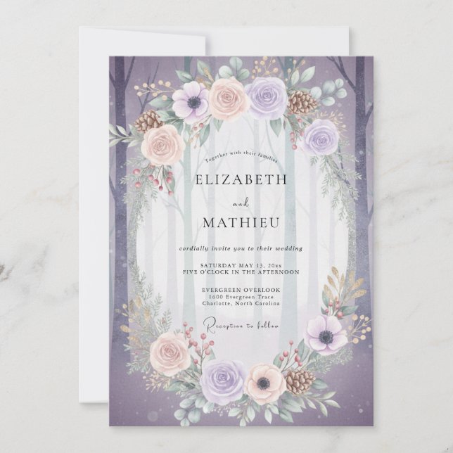 Amethyst Peach Ranunculus Sage Wedding Invitation (Front)
