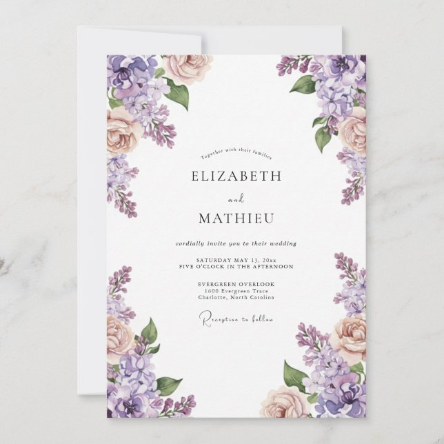 Amethyst Peach Wisteria Wedding Invitation (Front)
