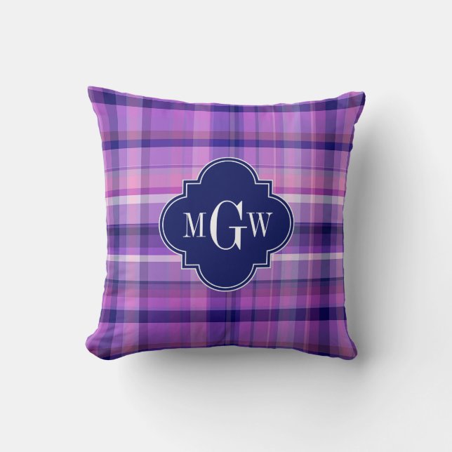 Amethyst Pink Navy Wht Preppy Madras Monogram Cushion (Front)