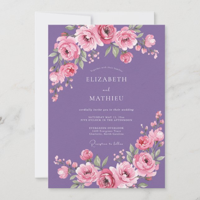 Amethyst Pink Watercolor Floral Wedding Invitation (Front)