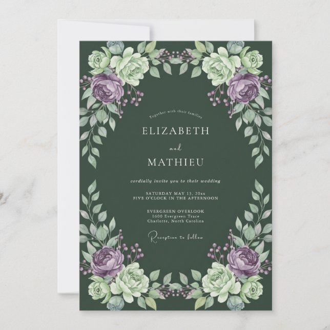 Amethyst Plum Ranunculus Dusty Eucalyptus Wedding Invitation (Front)
