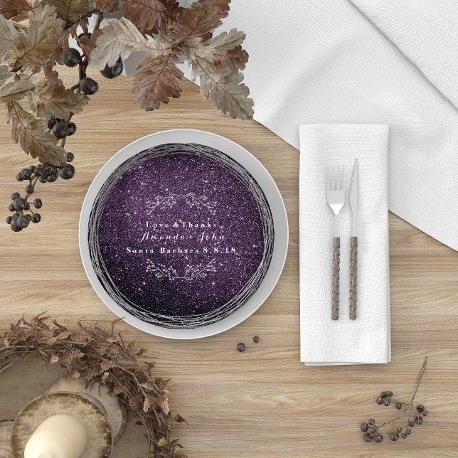 Amethyst Plum Silver Floral Wreath Wedding Glitter Paper Plate (Creator Uploaded)