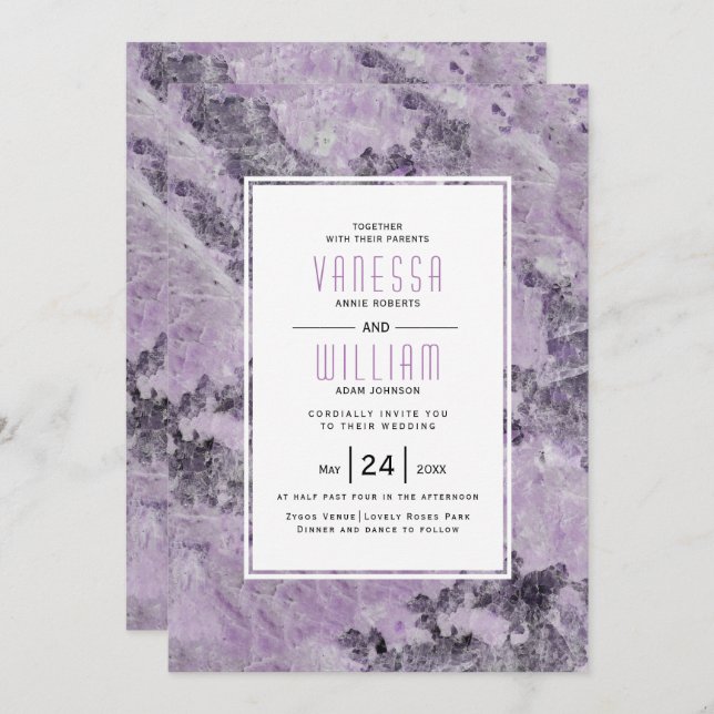 Amethyst purple geode marble modern wedding invitation (Front/Back)