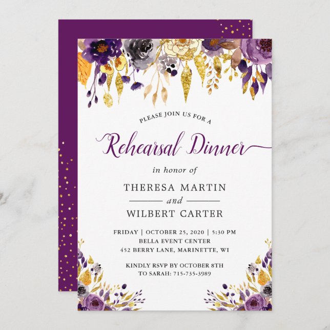 Amethyst Purple Gold Floral Rehearsal Dinner Invitation (Front/Back)