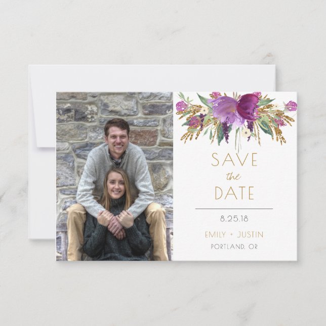 Amethyst Purple Gold Glitter Photo Save The Date | (Front)