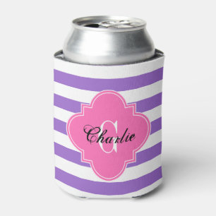 Amethyst Purple Horiz Stripe HP Name Init Monogram Can Cooler