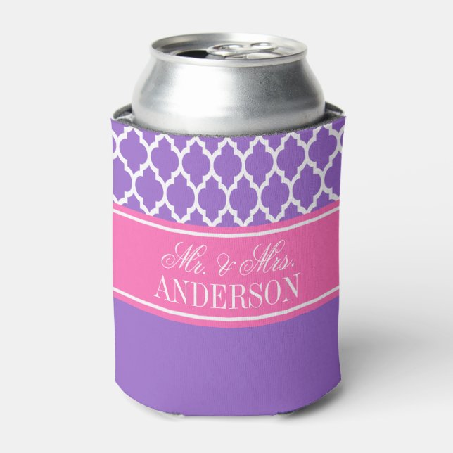 Amethyst Purple Moroccan #4 Hot Pink Name Wedding Can Cooler (Can Front)