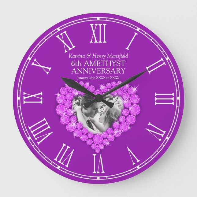 Amethyst purple photo 6th wedding anniversary large clock (Front)