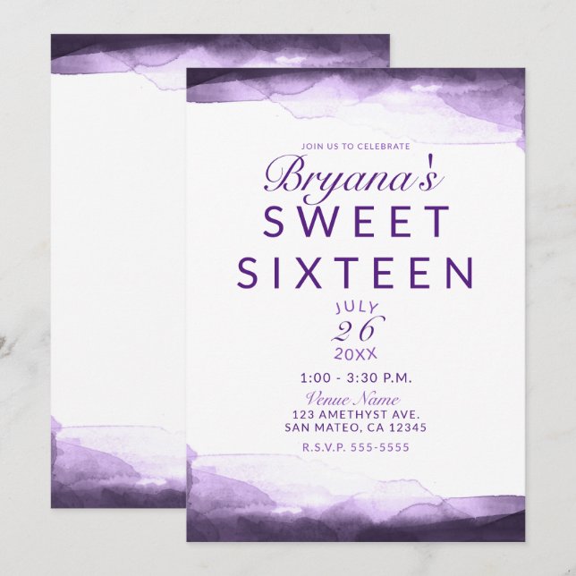 Amethyst Purple Plum Modern Chic Sweet 16 Party Invitation (Front/Back)