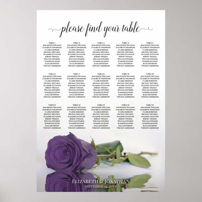 Amethyst Purple Rose 15 Table Seating Chart (Front)