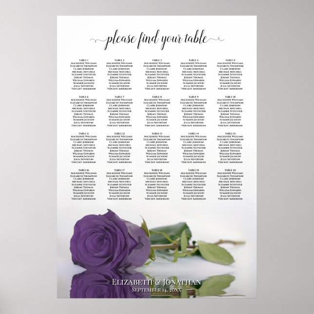 Amethyst Purple Rose 20 Table Seating Chart (Front)