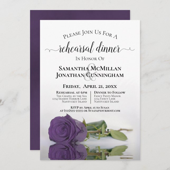 Amethyst Purple Rose Chic Wedding Rehearsal Dinner Invitation (Front/Back)