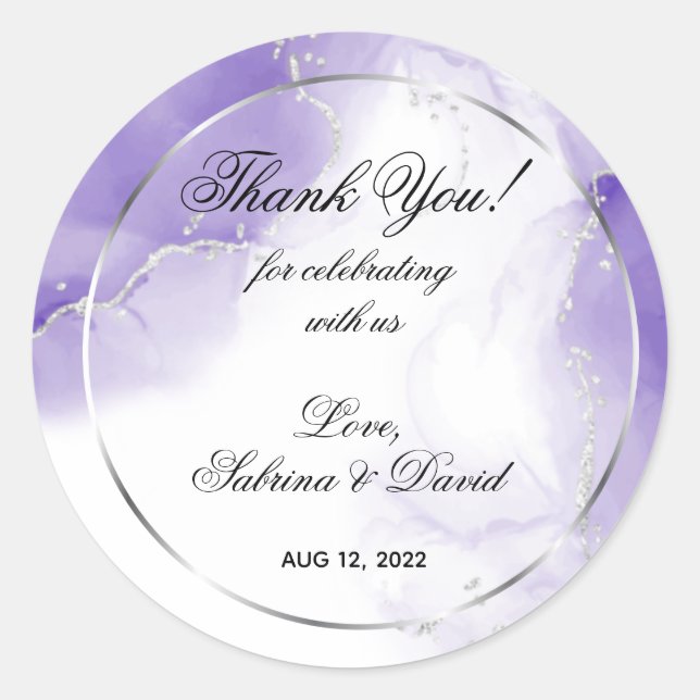Amethyst Purple Script Silver Custom Classic Round Sticker (Front)