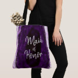Amethyst Purple & Silver Geode Agate Maid of Honou Tote Bag<br><div class="desc">Amethyst Purple & Silver Geode Agate Marble, With Sparkling Silver foil accents, and Modern trendy brushed script font. Ultra Violet Purple, Lavender, and white stone look, is luxurious and modern for your wedding - Personalised Maid of Honour Tote Bags! ~ Check my shop to see the entire wedding suite for...</div>