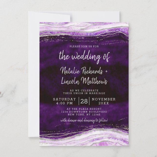 Amethyst Purple & Silver Geode Agate Rock Wedding Invitation (Front)