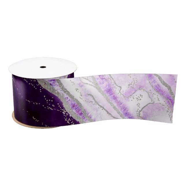 Amethyst Purple & Silver Geode Agate Rock Wedding Satin Ribbon (Spool)