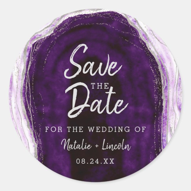 Amethyst Purple & Silver Geode Agate Save the Date Classic Round Sticker (Front)