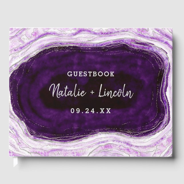 Amethyst Purple & Silver Geode Agate Slice Wedding Guest Book (Front)