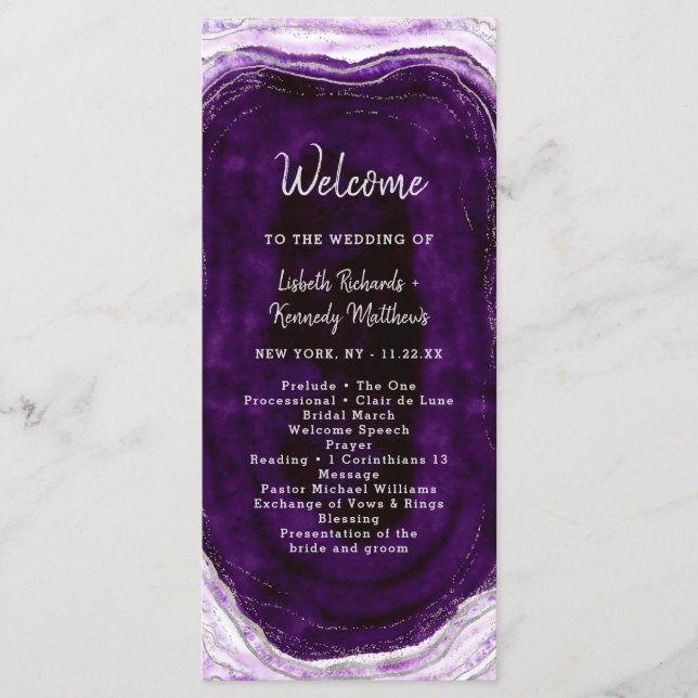 Amethyst Purple & Silver Geode Wedding Ceremony Programme (Front)